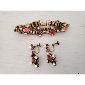 Vintage Victorian Multicolor Stones Faux Pearl Bookchain Bracelet & Earring Set